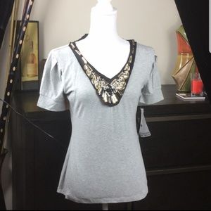 NWOT Embellished Heather Gray Top SZ Lg
